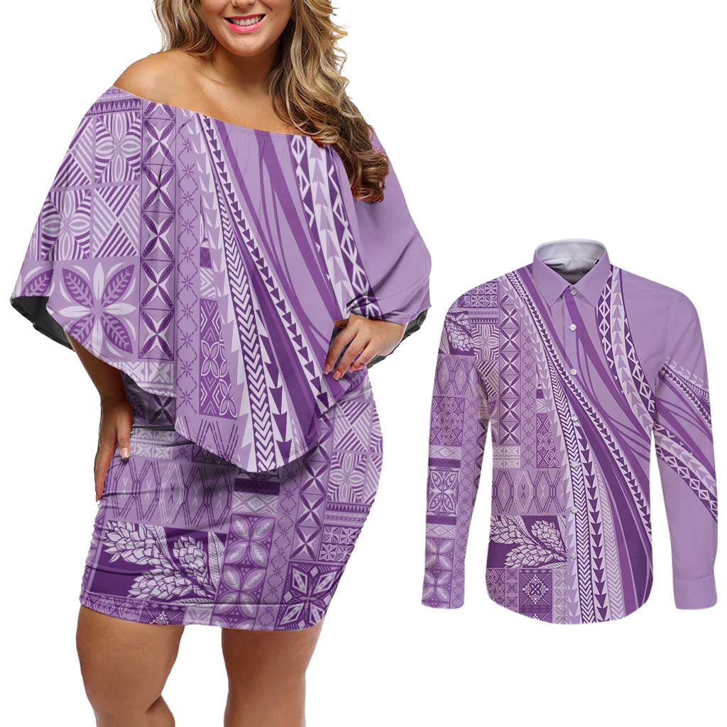 Pasifika Women's Day - Samoa Siapo Malu Tattoo Inspired Couples Matching Off Shoulder Short Dress and Long Sleeve Button Shirt Lavender LT7 Lavender - Polynesian Pride