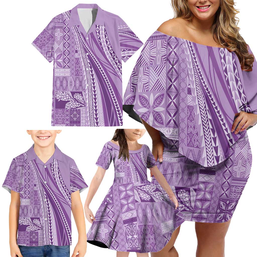 Pasifika Women's Day - Samoa Siapo Malu Tattoo Inspired Family Matching Off Shoulder Short Dress and Hawaiian Shirt Lavender