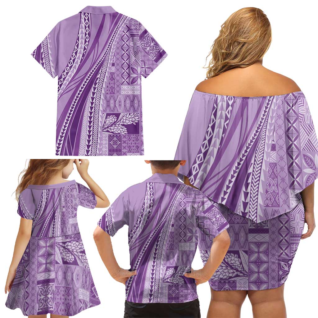 Pasifika Women's Day - Samoa Siapo Malu Tattoo Inspired Family Matching Off Shoulder Short Dress and Hawaiian Shirt Lavender