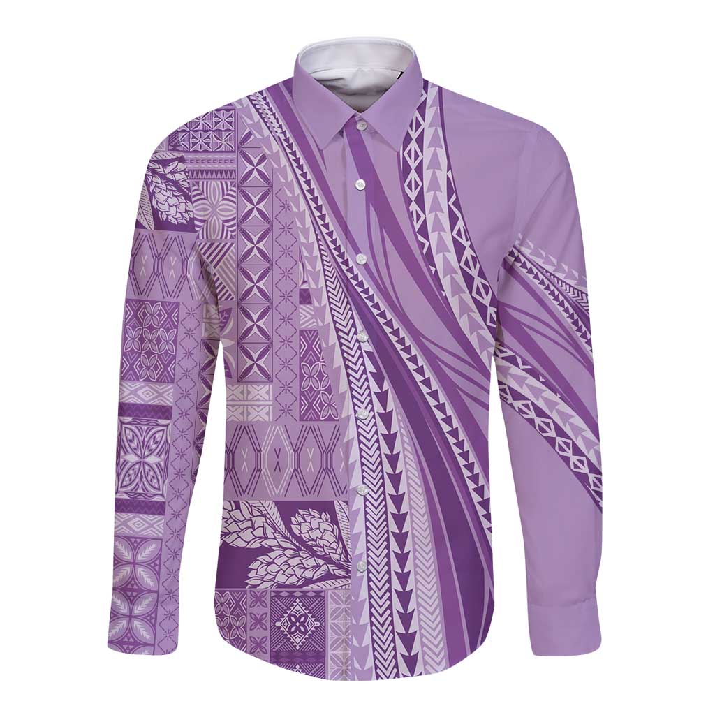 Pasifika Women's Day - Samoa Siapo Malu Tattoo Inspired Long Sleeve Button Shirt Lavender LT7 Unisex Lavender - Polynesian Pride
