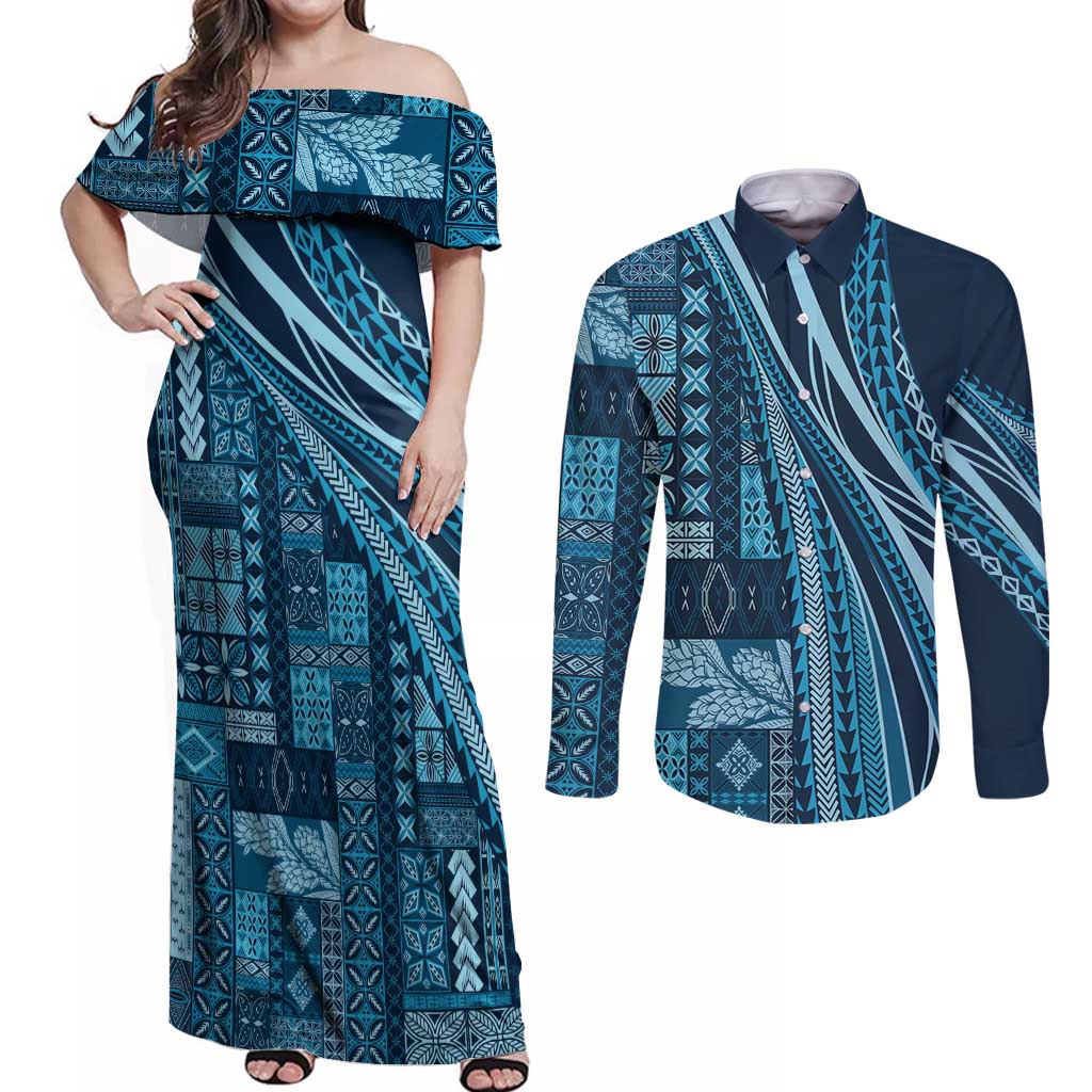 Pasifika Women's Day - Samoa Siapo Malu Tattoo Inspired Couples Matching Off Shoulder Maxi Dress and Long Sleeve Button Shirt Navy Blue LT7 Navy Blue - Polynesian Pride