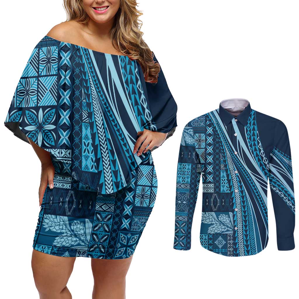 Pasifika Women's Day - Samoa Siapo Malu Tattoo Inspired Couples Matching Off Shoulder Short Dress and Long Sleeve Button Shirt Navy Blue LT7 Navy Blue - Polynesian Pride