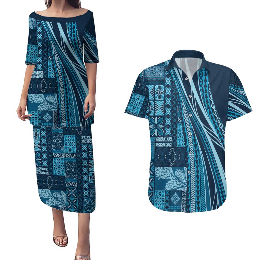 Pasifika Women's Day - Samoa Siapo Malu Tattoo Inspired Couples Matching Puletasi and Hawaiian Shirt Navy Blue LT7 Navy Blue - Polynesian Pride