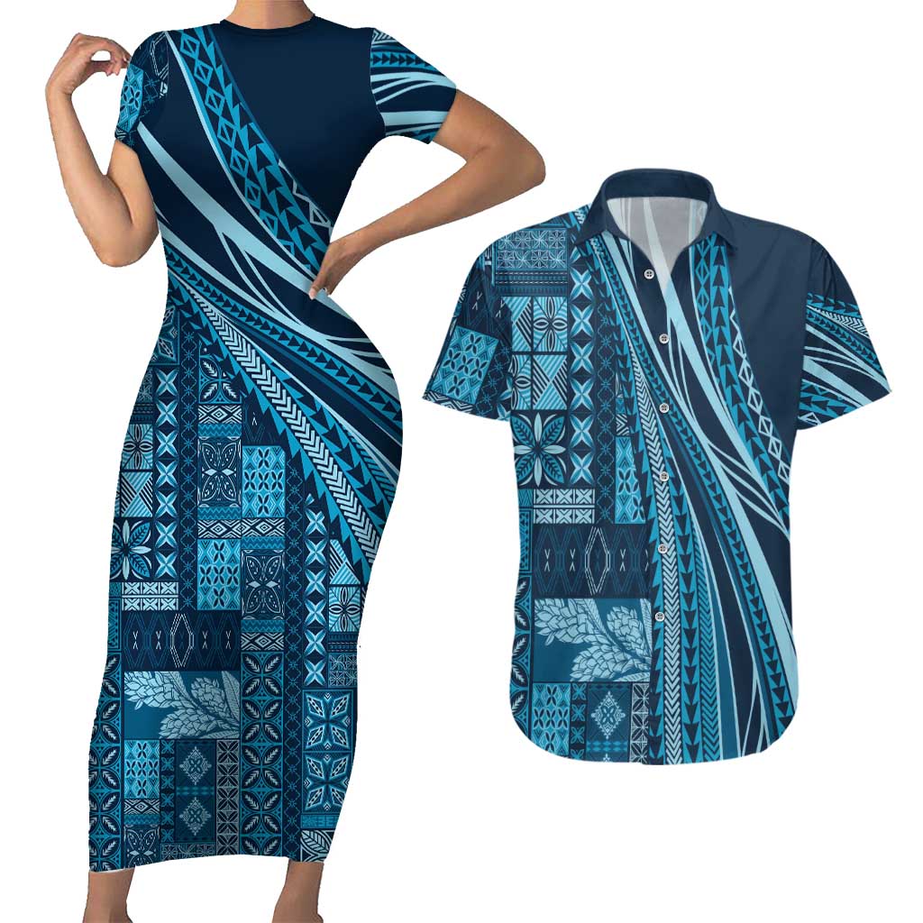 Pasifika Women's Day - Samoa Siapo Malu Tattoo Inspired Couples Matching Short Sleeve Bodycon Dress and Hawaiian Shirt Navy Blue