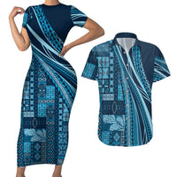 Pasifika Women's Day - Samoa Siapo Malu Tattoo Inspired Couples Matching Short Sleeve Bodycon Dress and Hawaiian Shirt Navy Blue