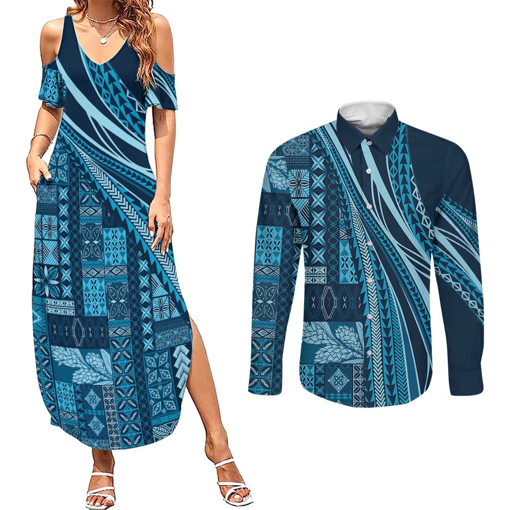 Pasifika Women's Day - Samoa Siapo Malu Tattoo Inspired Couples Matching Summer Maxi Dress and Long Sleeve Button Shirt Navy Blue LT7 Navy Blue - Polynesian Pride