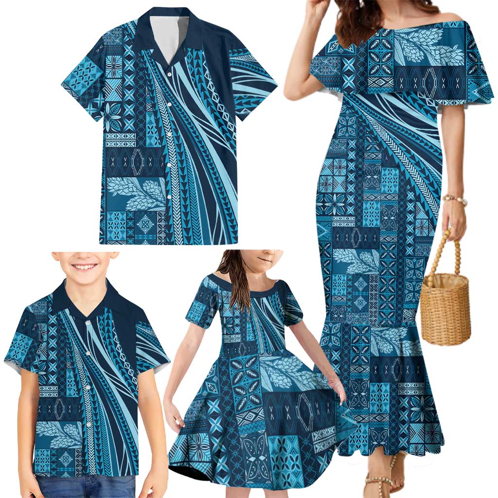 Pasifika Women's Day - Samoa Siapo Malu Tattoo Inspired Family Matching Mermaid Dress and Hawaiian Shirt Navy Blue