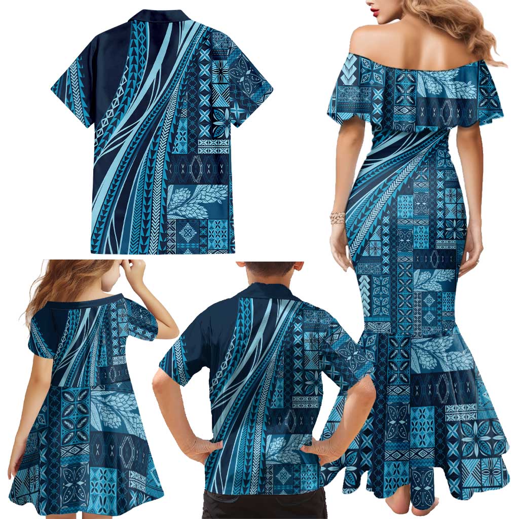 Pasifika Women's Day - Samoa Siapo Malu Tattoo Inspired Family Matching Mermaid Dress and Hawaiian Shirt Navy Blue