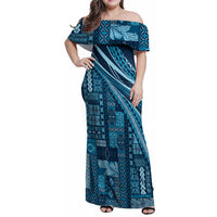 Pasifika Women's Day - Samoa Siapo Malu Tattoo Inspired Family Matching Off Shoulder Maxi Dress and Hawaiian Shirt Navy Blue