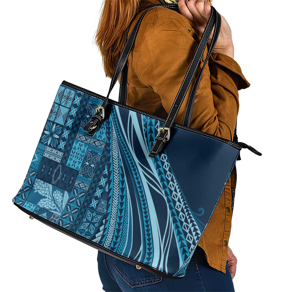 Pasifika Women's Day - Samoa Siapo Malu Tattoo Inspired Leather Tote Bag Navy Blue