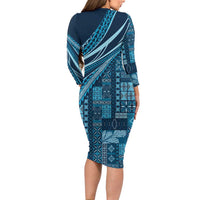 Pasifika Women's Day - Samoa Siapo Malu Tattoo Inspired Long Sleeve Bodycon Dress Navy Blue LT7 - Polynesian Pride