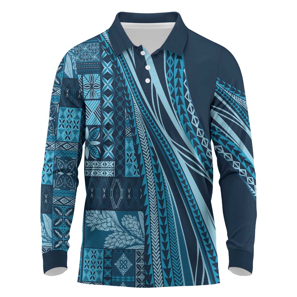 Pasifika Women's Day - Samoa Siapo Malu Tattoo Inspired Long Sleeve Polo Shirt Navy Blue LT7 Navy Blue - Polynesian Pride