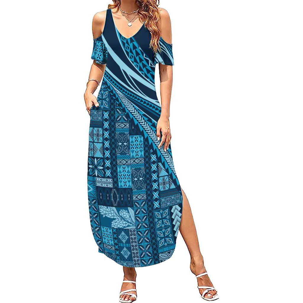 Pasifika Women's Day - Samoa Siapo Malu Tattoo Inspired Summer Maxi Dress Navy Blue