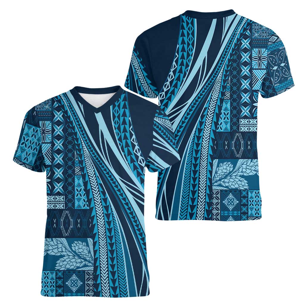 Pasifika Women's Day - Samoa Siapo Malu Tattoo Inspired Women V-Neck T-Shirt Navy Blue LT7 - Polynesian Pride