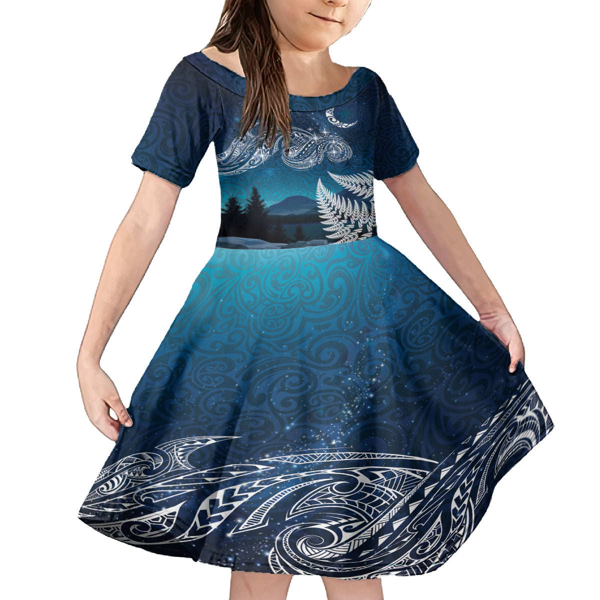 New Zealand Matariki Family Matching Off The Shoulder Long Sleeve Dress and Hawaiian Shirt Starry Night Style LT7 Daughter's Dress Navy - Polynesian Pride