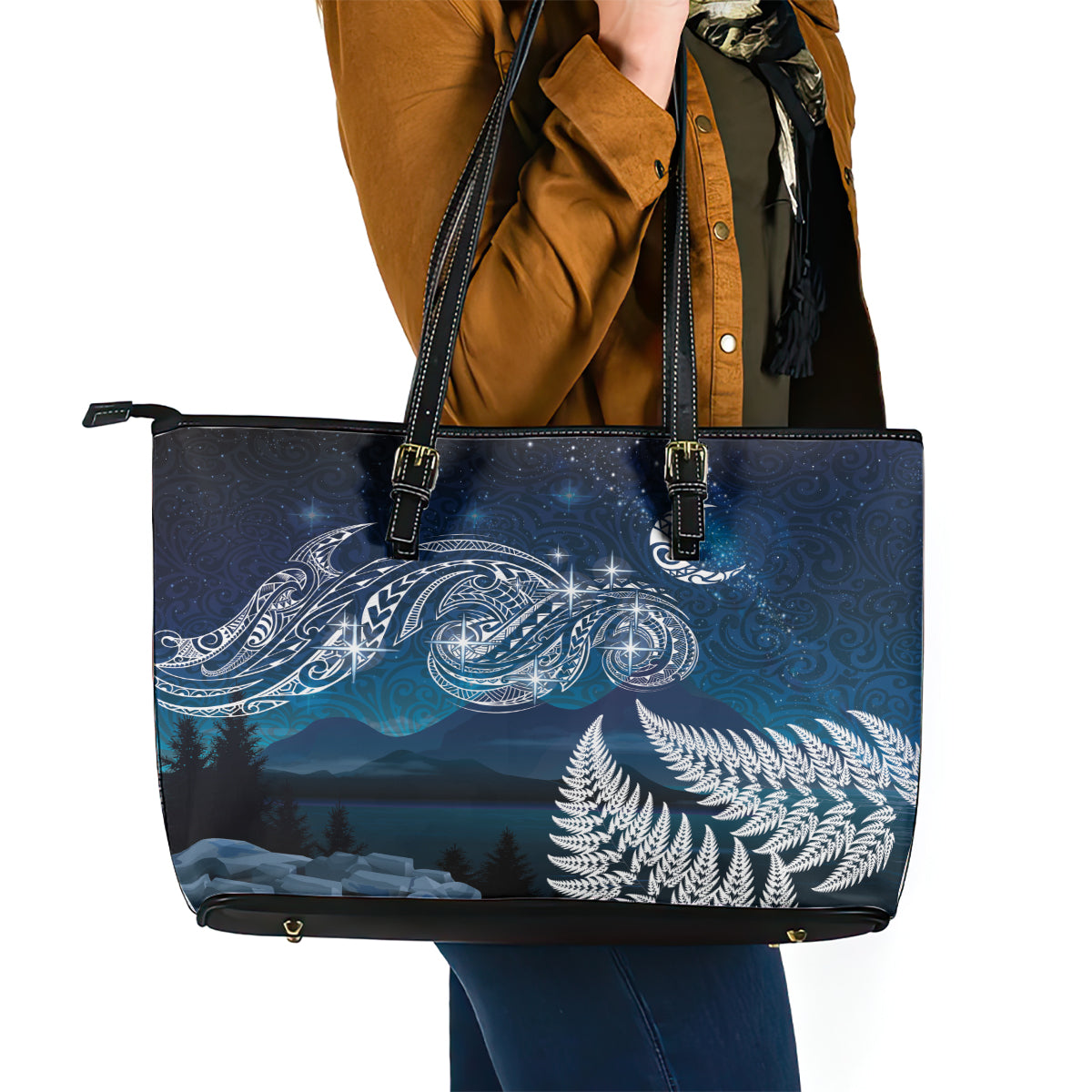 New Zealand Matariki Leather Tote Bag Starry Night Style