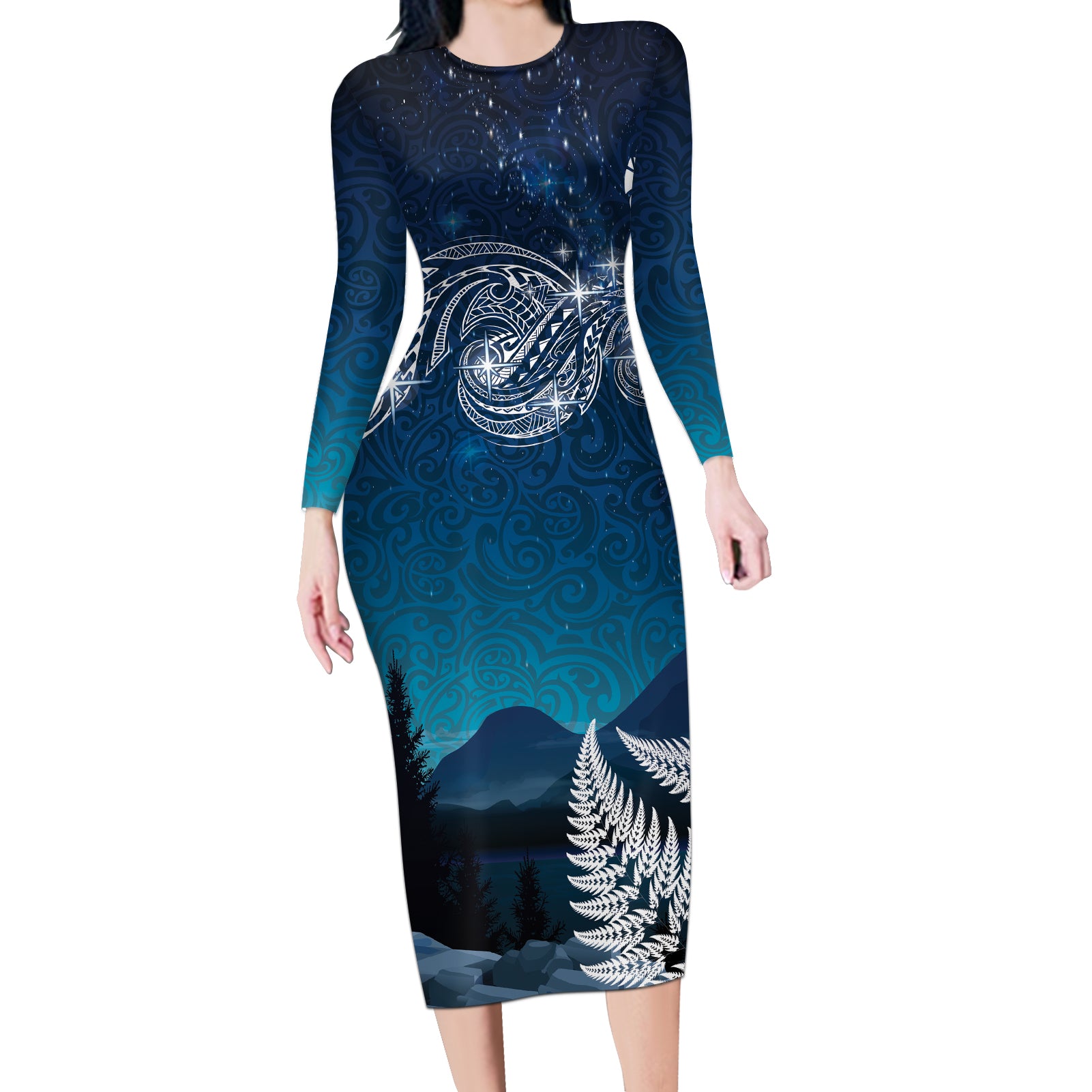 New Zealand Matariki Long Sleeve Bodycon Dress Starry Night Style