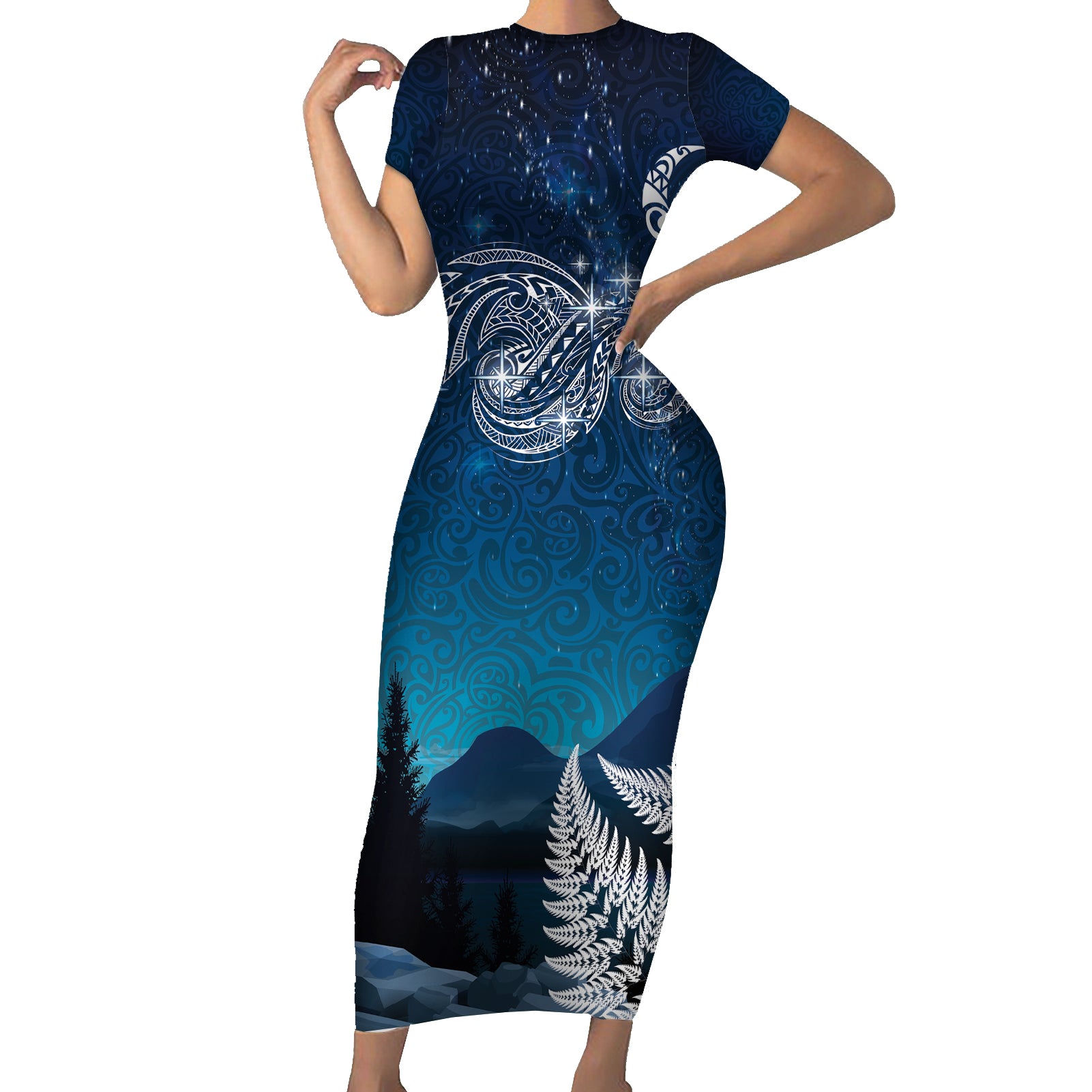 New Zealand Matariki Short Sleeve Bodycon Dress Starry Night Style