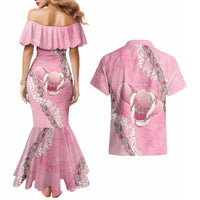 Hawaii Maui Island Flowers Lei Couples Matching Mermaid Dress and Hawaiian Shirt Lokelani Rose Pink