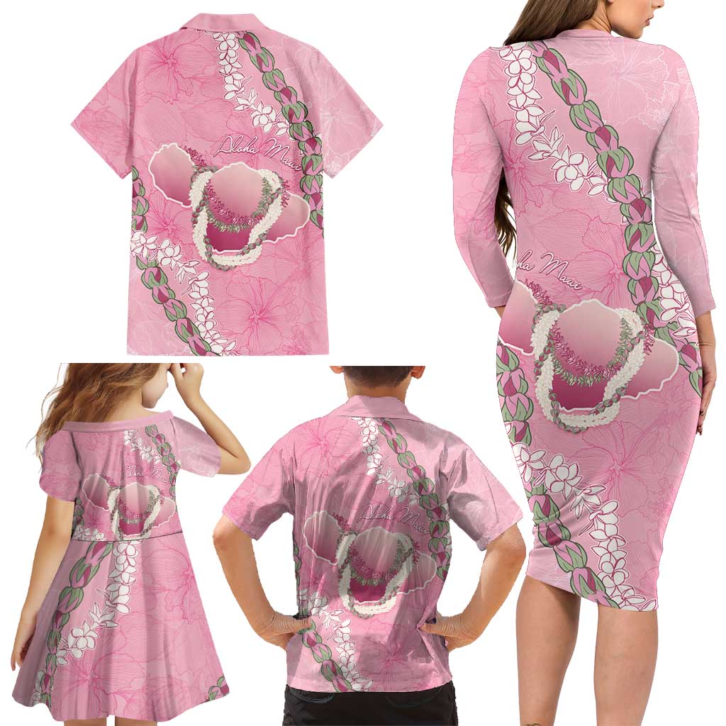 Hawaii Maui Island Flowers Lei Family Matching Long Sleeve Bodycon Dress and Hawaiian Shirt Lokelani Rose Pink