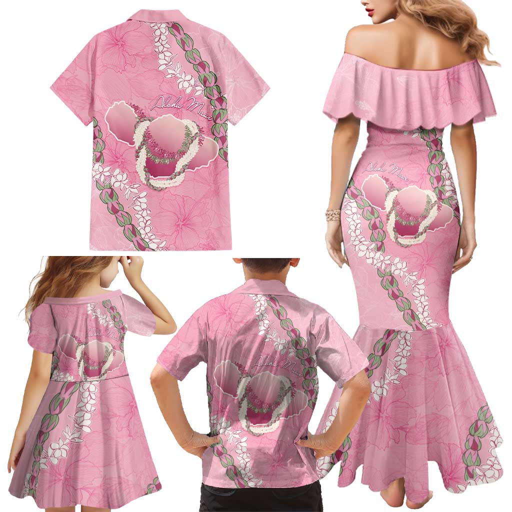 Hawaii Maui Island Flowers Lei Family Matching Mermaid Dress and Hawaiian Shirt Lokelani Rose Pink