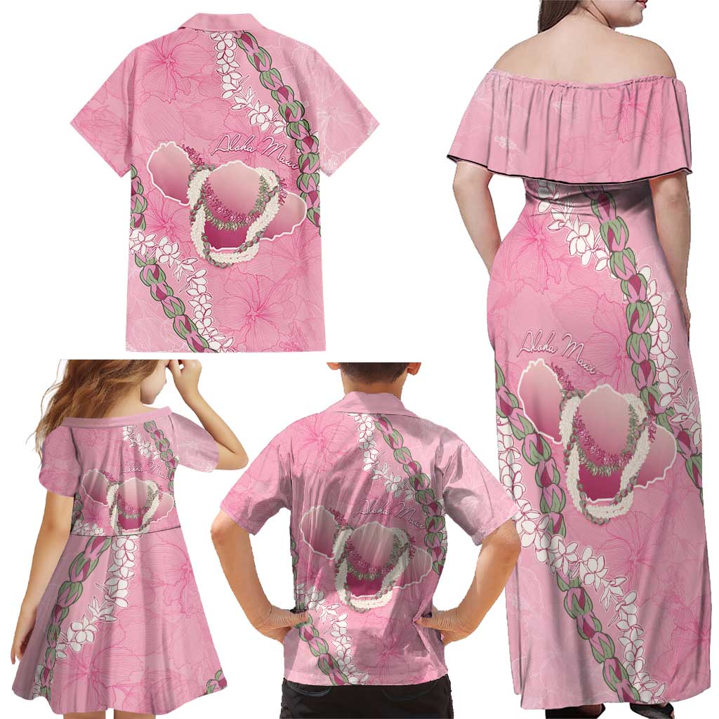 Hawaii Maui Island Flowers Lei Family Matching Off Shoulder Maxi Dress and Hawaiian Shirt Lokelani Rose Pink
