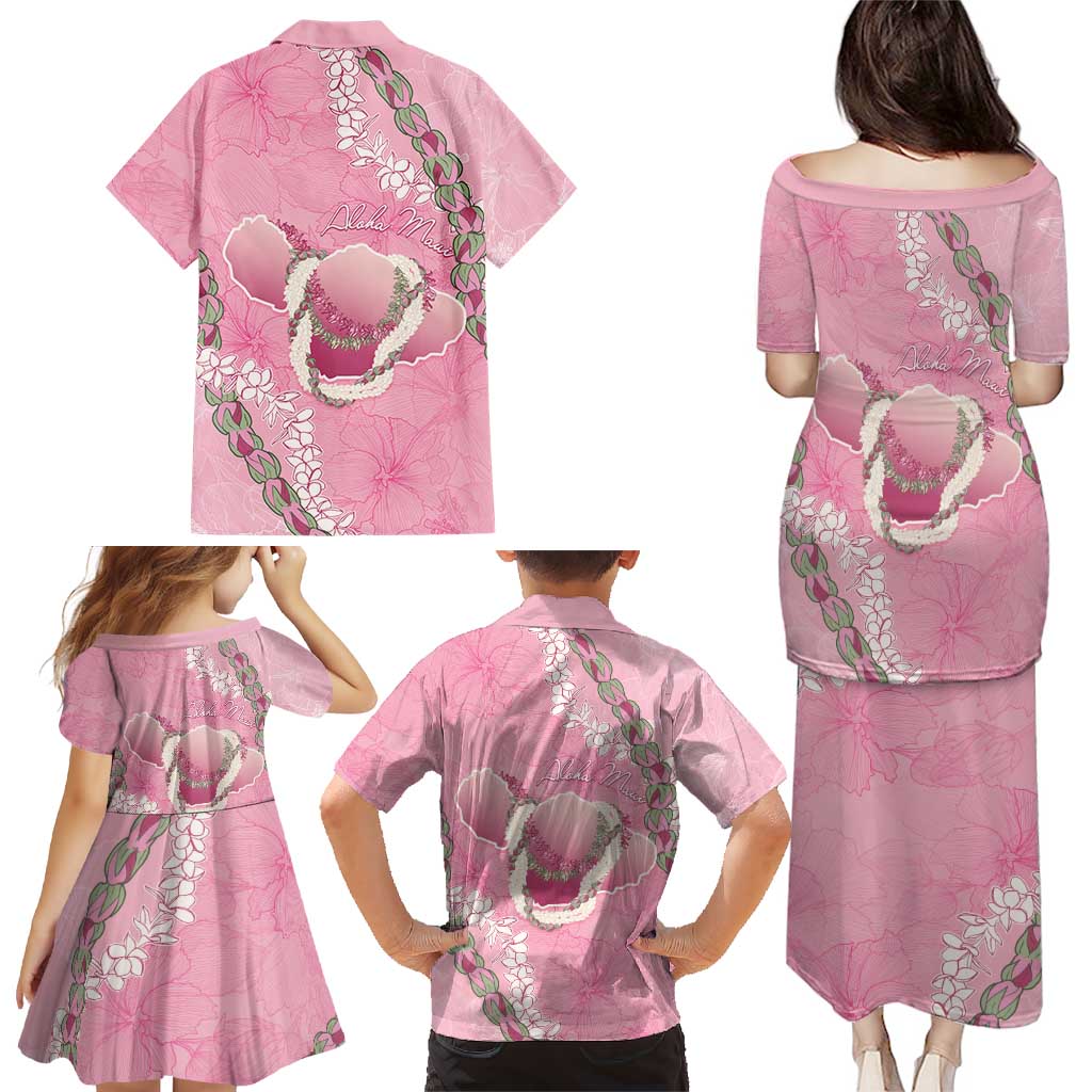 Hawaii Maui Island Flowers Lei Family Matching Puletasi and Hawaiian Shirt Lokelani Rose Pink