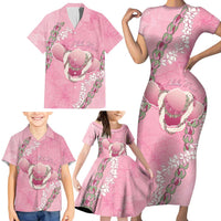 Hawaii Maui Island Flowers Lei Family Matching Short Sleeve Bodycon Dress and Hawaiian Shirt Lokelani Rose Pink
