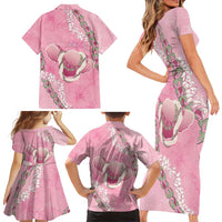 Hawaii Maui Island Flowers Lei Family Matching Short Sleeve Bodycon Dress and Hawaiian Shirt Lokelani Rose Pink