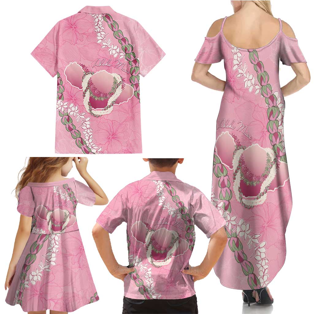 Hawaii Maui Island Flowers Lei Family Matching Summer Maxi Dress and Hawaiian Shirt Lokelani Rose Pink