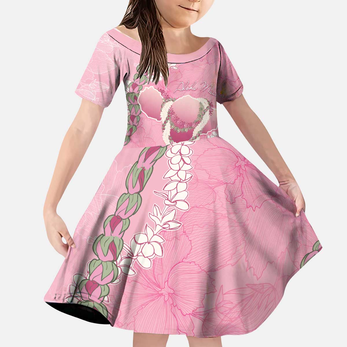 Hawaii Maui Island Flowers Lei Kid Short Sleeve Dress Lokelani Rose Pink