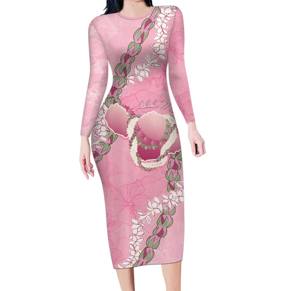 Hawaii Maui Island Flowers Lei Long Sleeve Bodycon Dress Lokelani Rose Pink