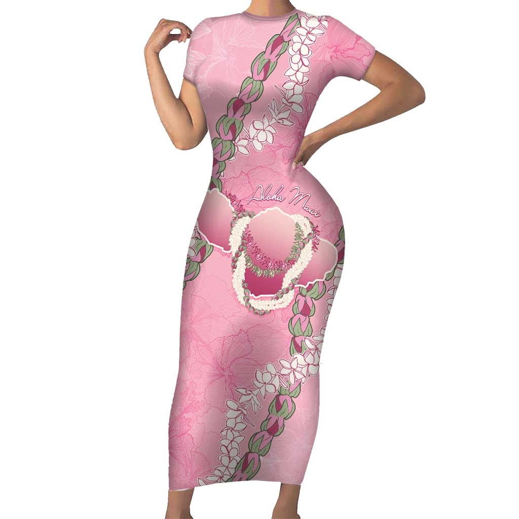 Hawaii Maui Island Flowers Lei Short Sleeve Bodycon Dress Lokelani Rose Pink