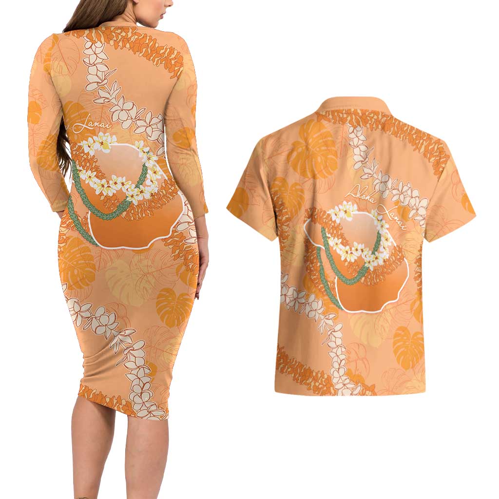 Hawaii Lanai Island Flowers Lei Couples Matching Long Sleeve Bodycon Dress and Hawaiian Shirt Orange Kaunaoa Mix Maile