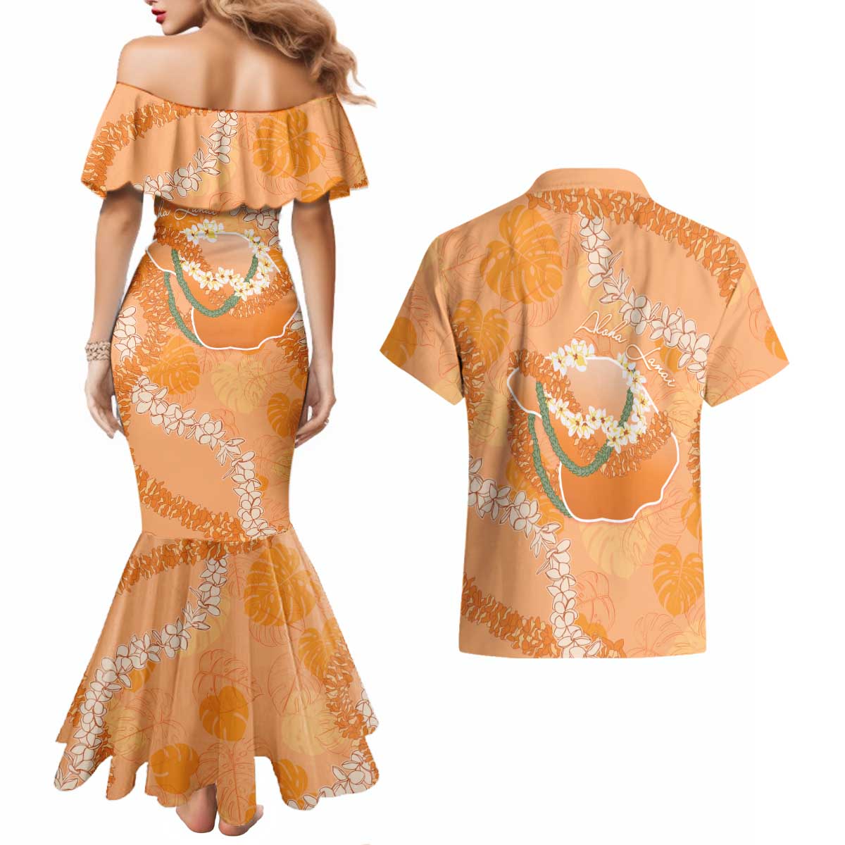 Hawaii Lanai Island Flowers Lei Couples Matching Mermaid Dress and Hawaiian Shirt Orange Kaunaoa Mix Maile
