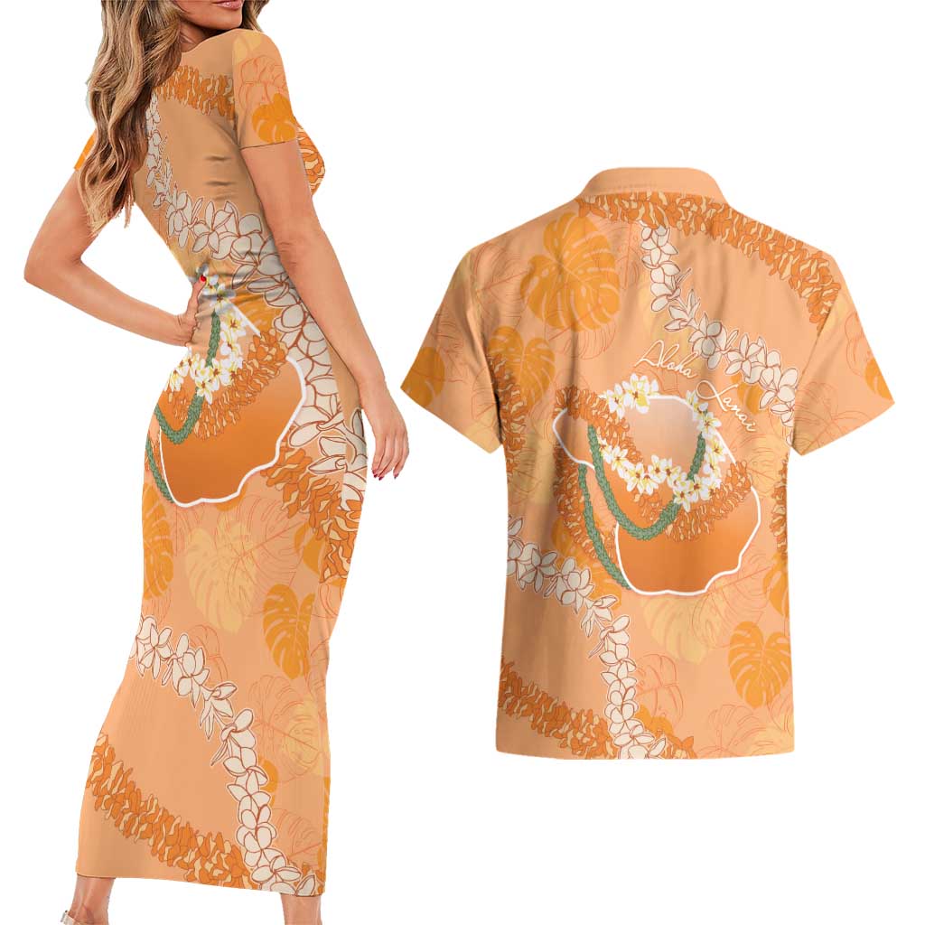 Hawaii Lanai Island Flowers Lei Couples Matching Short Sleeve Bodycon Dress and Hawaiian Shirt Orange Kaunaoa Mix Maile