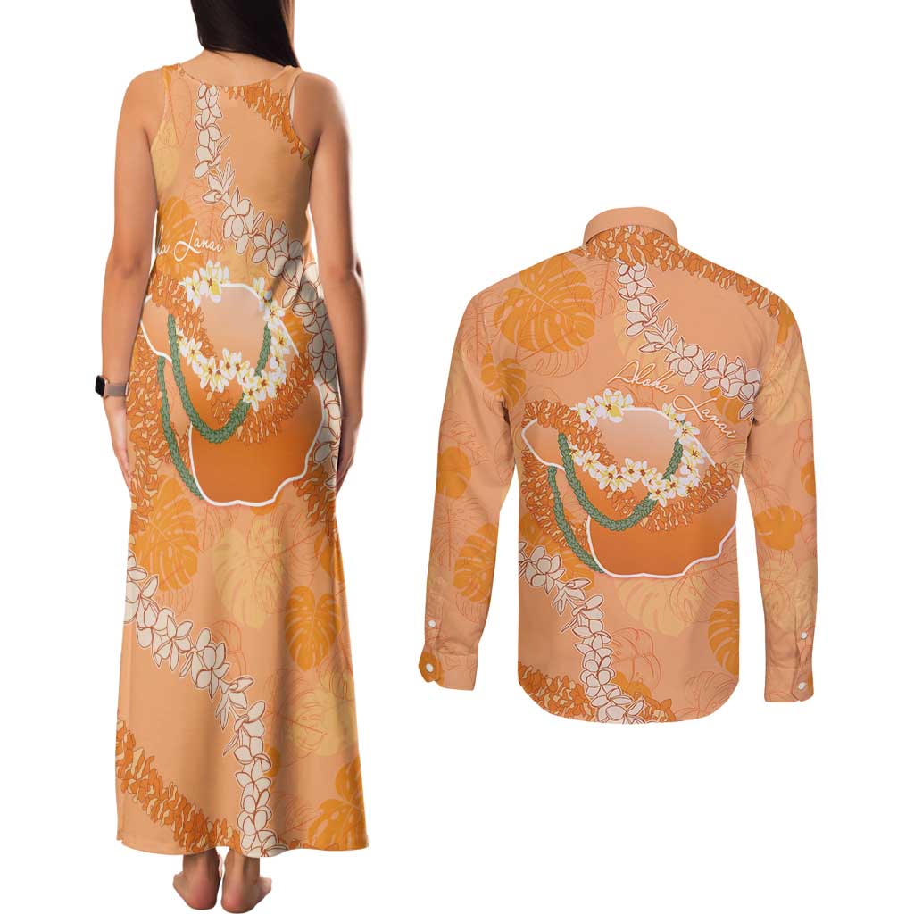 Hawaii Lanai Island Flowers Lei Couples Matching Tank Maxi Dress and Long Sleeve Button Shirt Orange Kaunaoa Mix Maile