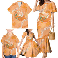 Hawaii Lanai Island Flowers Lei Family Matching Mermaid Dress and Hawaiian Shirt Orange Kaunaoa Mix Maile