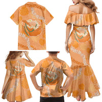 Hawaii Lanai Island Flowers Lei Family Matching Mermaid Dress and Hawaiian Shirt Orange Kaunaoa Mix Maile
