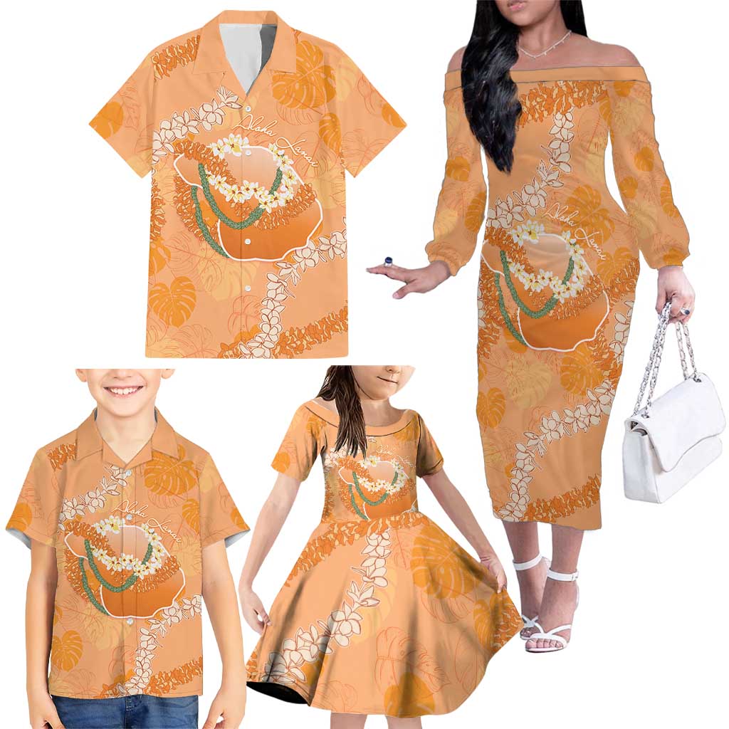 Hawaii Lanai Island Flowers Lei Family Matching Off The Shoulder Long Sleeve Dress and Hawaiian Shirt Orange Kaunaoa Mix Maile