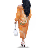 Hawaii Lanai Island Flowers Lei Family Matching Off The Shoulder Long Sleeve Dress and Hawaiian Shirt Orange Kaunaoa Mix Maile