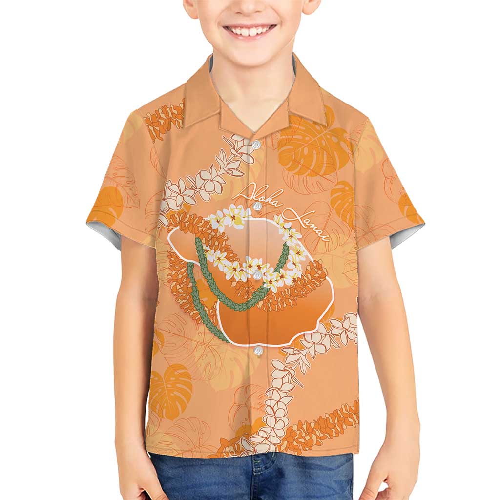 Hawaii Lanai Island Flowers Lei Family Matching Off The Shoulder Long Sleeve Dress and Hawaiian Shirt Orange Kaunaoa Mix Maile