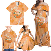 Hawaii Lanai Island Flowers Lei Family Matching Off Shoulder Maxi Dress and Hawaiian Shirt Orange Kaunaoa Mix Maile