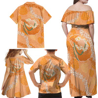 Hawaii Lanai Island Flowers Lei Family Matching Off Shoulder Maxi Dress and Hawaiian Shirt Orange Kaunaoa Mix Maile