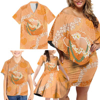 Hawaii Lanai Island Flowers Lei Family Matching Off Shoulder Short Dress and Hawaiian Shirt Orange Kaunaoa Mix Maile