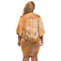 Hawaii Lanai Island Flowers Lei Family Matching Off Shoulder Short Dress and Hawaiian Shirt Orange Kaunaoa Mix Maile