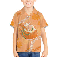 Hawaii Lanai Island Flowers Lei Family Matching Off Shoulder Short Dress and Hawaiian Shirt Orange Kaunaoa Mix Maile