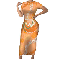 Hawaii Lanai Island Flowers Lei Family Matching Short Sleeve Bodycon Dress and Hawaiian Shirt Orange Kaunaoa Mix Maile