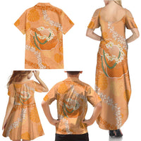 Hawaii Lanai Island Flowers Lei Family Matching Summer Maxi Dress and Hawaiian Shirt Orange Kaunaoa Mix Maile
