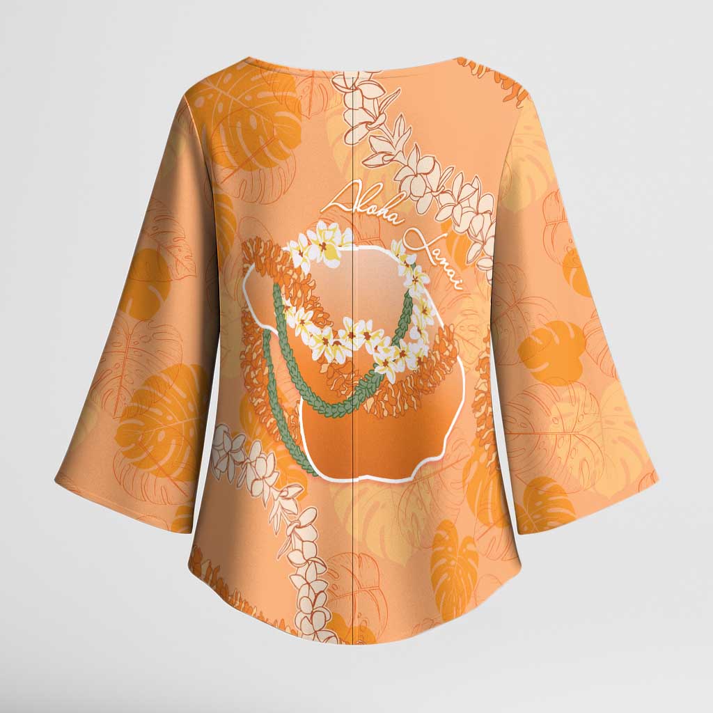 Hawaii Lanai Island Flowers Lei Kimono Sleeve Blouse Orange Kaunaoa Mix Maile LT7 - Polynesian Pride